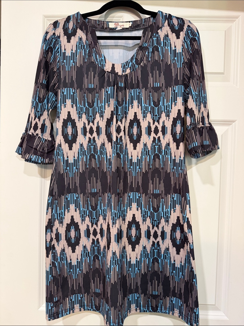 Aryeh Blue, Brown & Cream Geometric Mini Dress